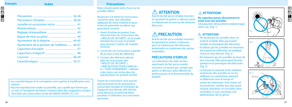 Attention precaution, Attention, Index | Précautions, Précautions d'emploi | Nikon EDG User Manual | Page 19 / 35