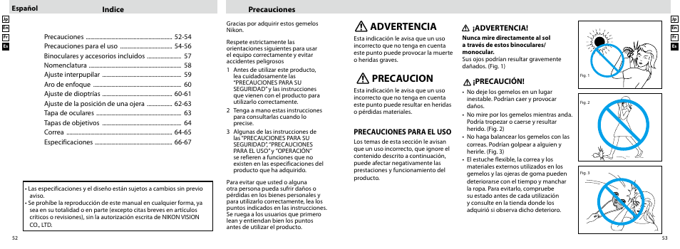 Advertencia precaucion, Indice, Advertencia | Precauciones, Precauciones para el uso, Precaución | Nikon EDG User Manual | Page 27 / 35