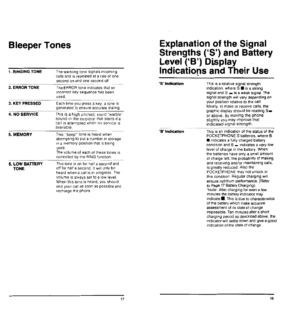 Ringing tone, Error tone, Key pressed | S' indication, B' indication, Bleeper tones | Audiovox PC200 User Manual | Page 10 / 12