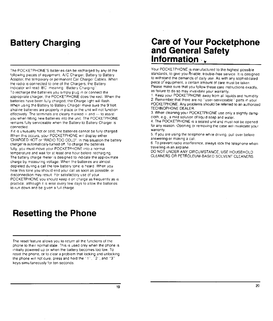 Battery charging, Resetting the phone | Audiovox PC200 User Manual | Page 11 / 12