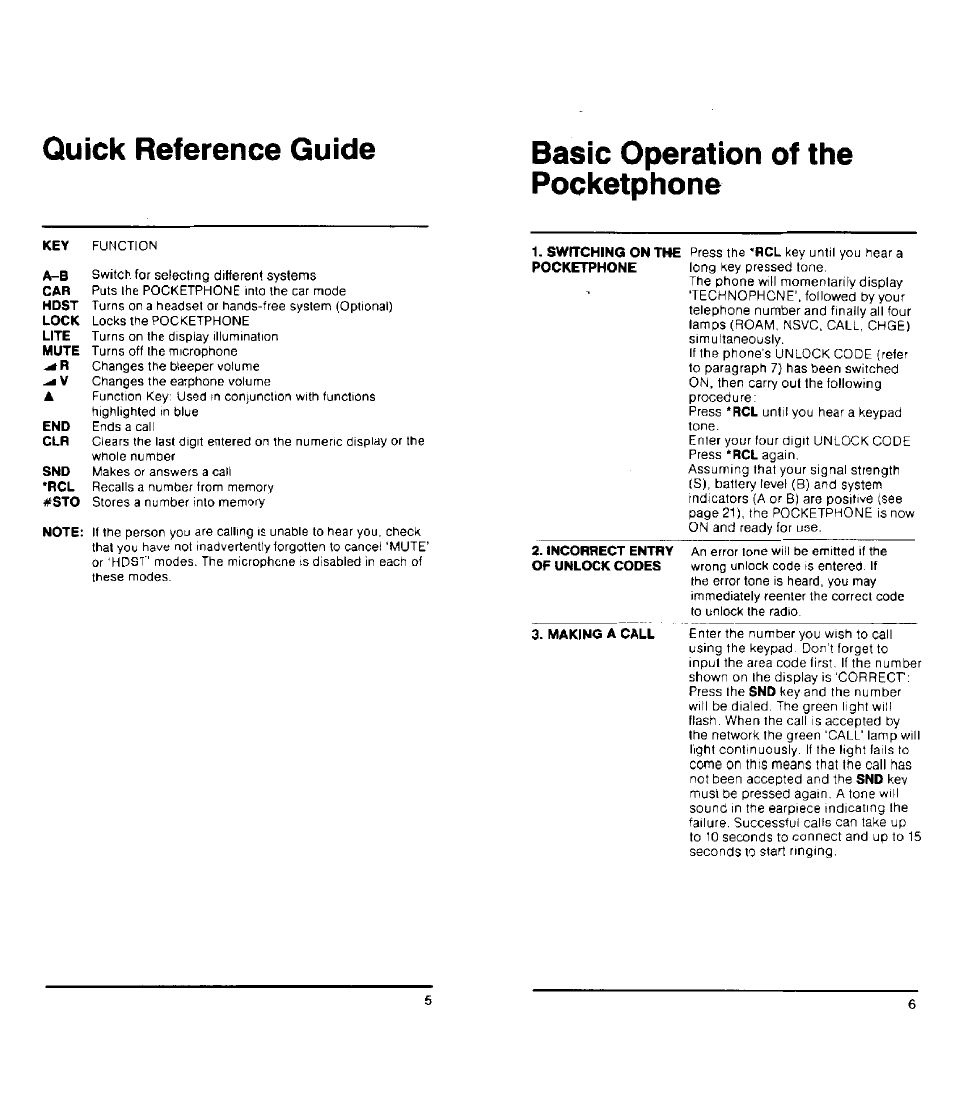 Basic operation of the pocketphone, Incorrect entry of unlock codes, Making a call | Baste operation of pocketphone, Quick reference guide | Audiovox PC200 User Manual | Page 4 / 12