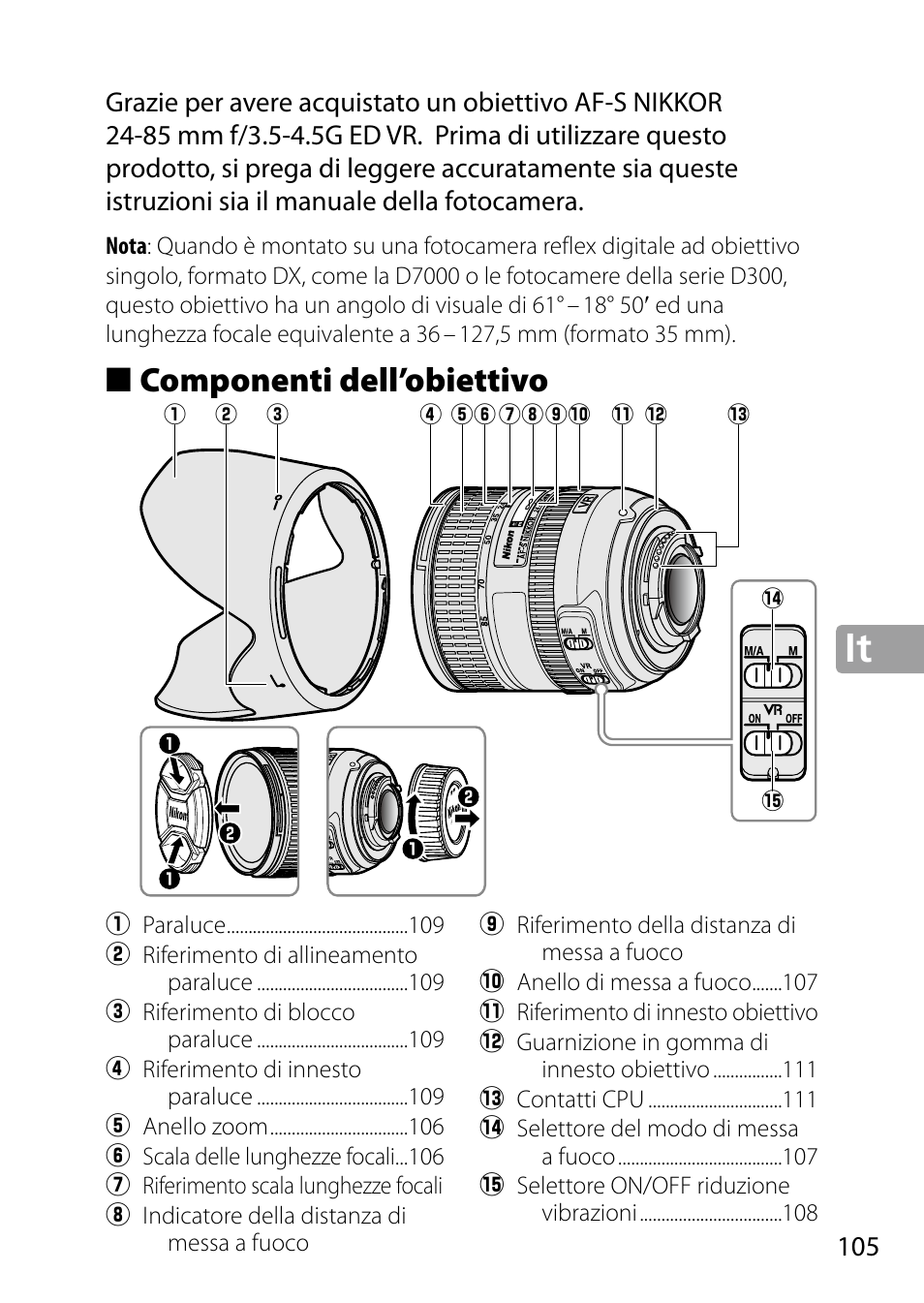 Componenti dell’obiettivo | Nikon 24-85mm-f-35-45G-ED-VR-AF-S-Nikkor User Manual | Page 105 / 220