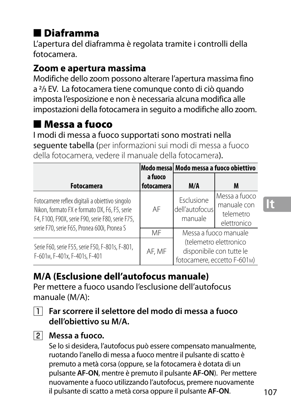 Diaframma, Zoom e apertura massima, Messa a fuoco | M/a (esclusione dell’autofocus manuale) | Nikon 24-85mm-f-35-45G-ED-VR-AF-S-Nikkor User Manual | Page 107 / 220