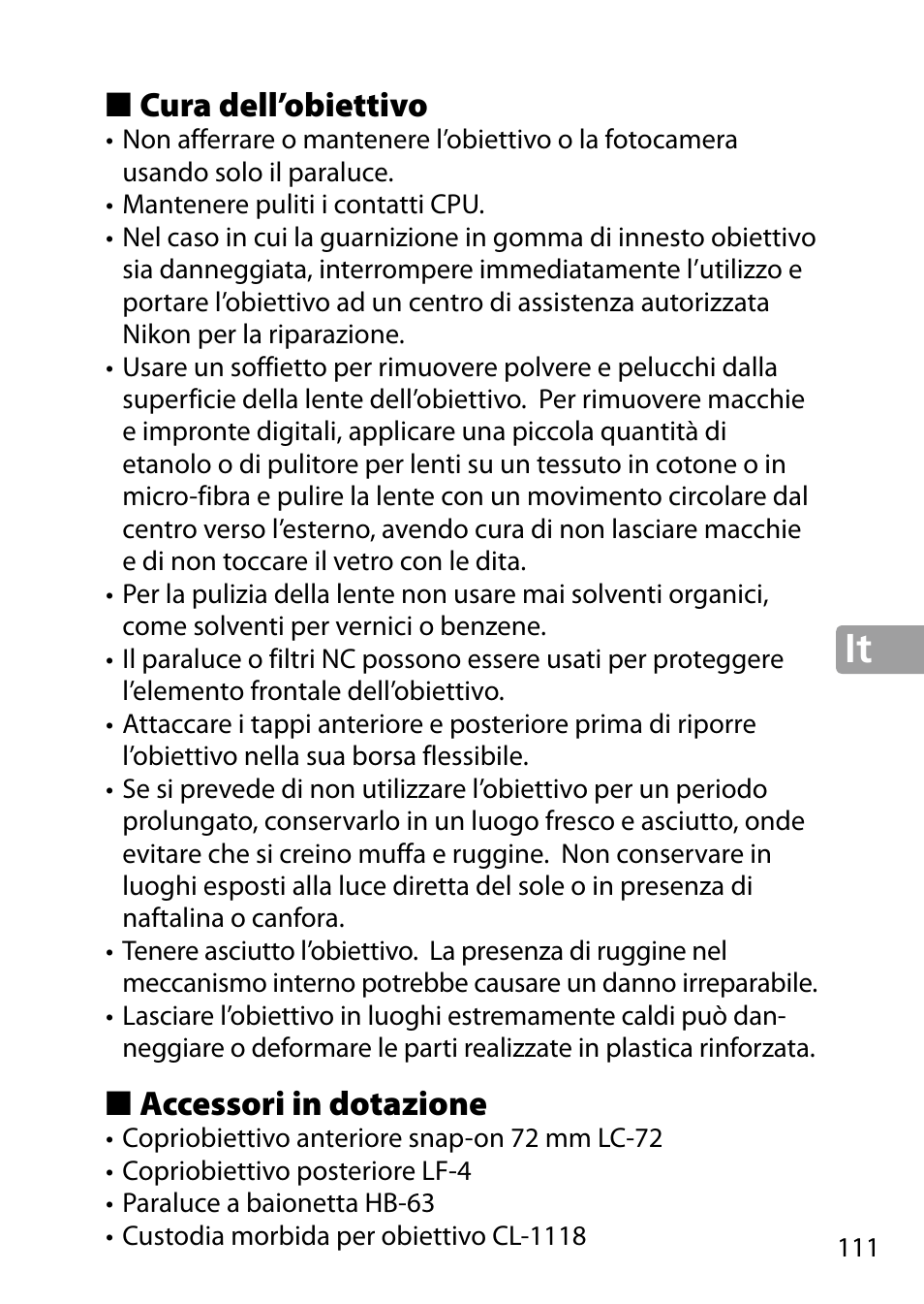 Cura dell’obiettivo, Accessori in dotazione | Nikon 24-85mm-f-35-45G-ED-VR-AF-S-Nikkor User Manual | Page 111 / 220