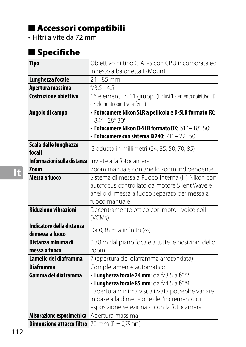 Accessori compatibili, Specifiche | Nikon 24-85mm-f-35-45G-ED-VR-AF-S-Nikkor User Manual | Page 112 / 220