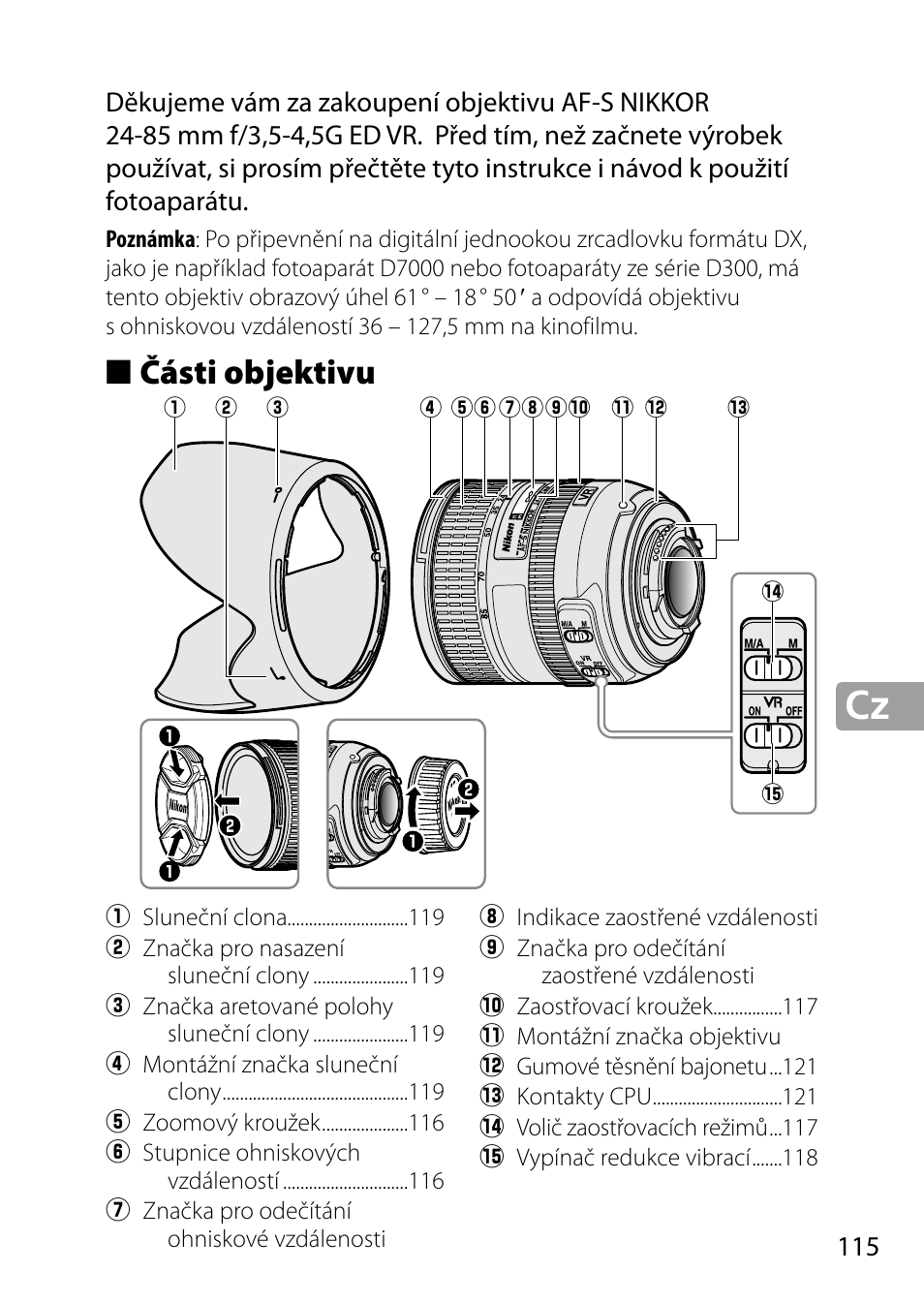 Části objektivu | Nikon 24-85mm-f-35-45G-ED-VR-AF-S-Nikkor User Manual | Page 115 / 220