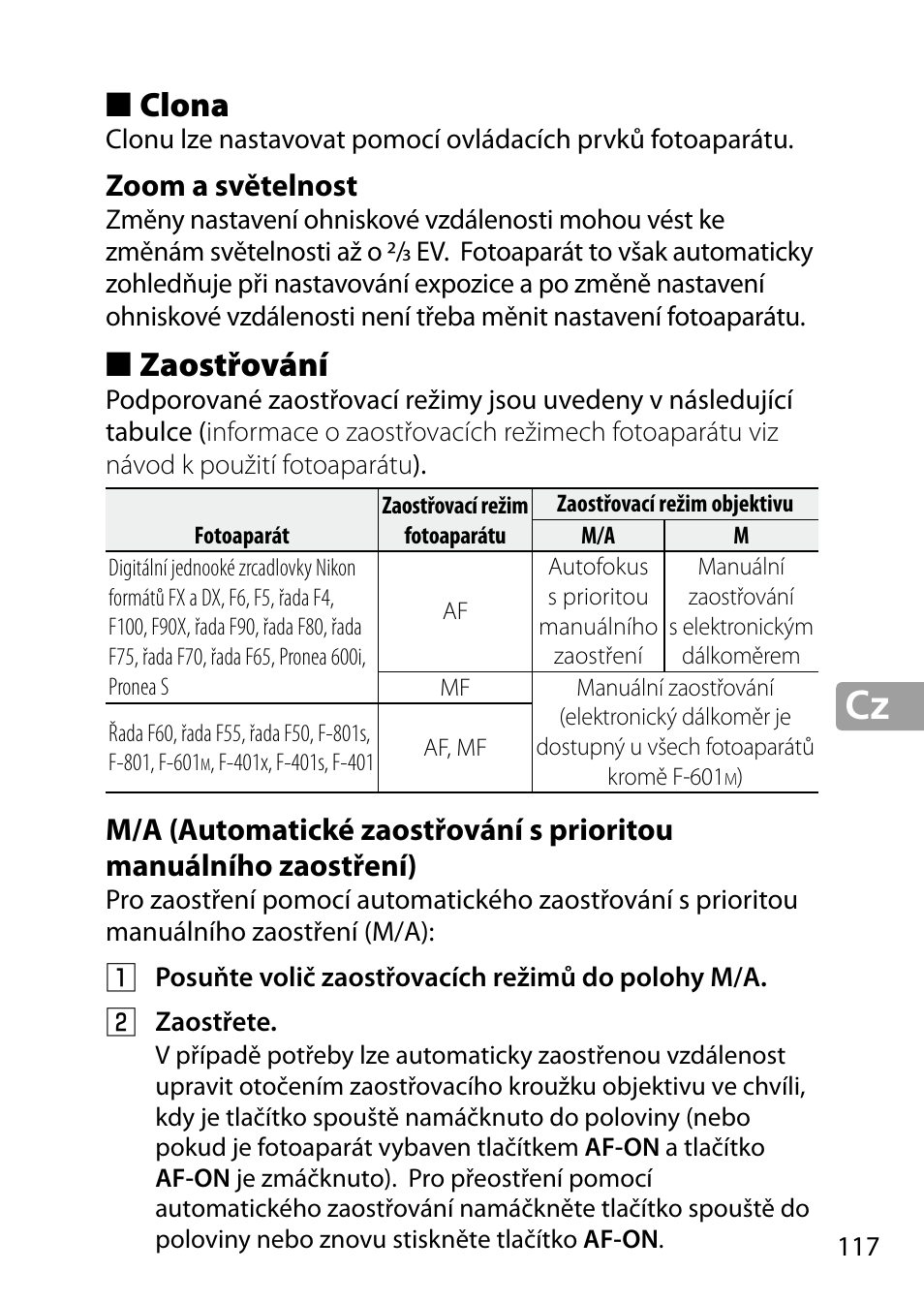 Clona, Zoom a světelnost, Zaostřování | Nikon 24-85mm-f-35-45G-ED-VR-AF-S-Nikkor User Manual | Page 117 / 220