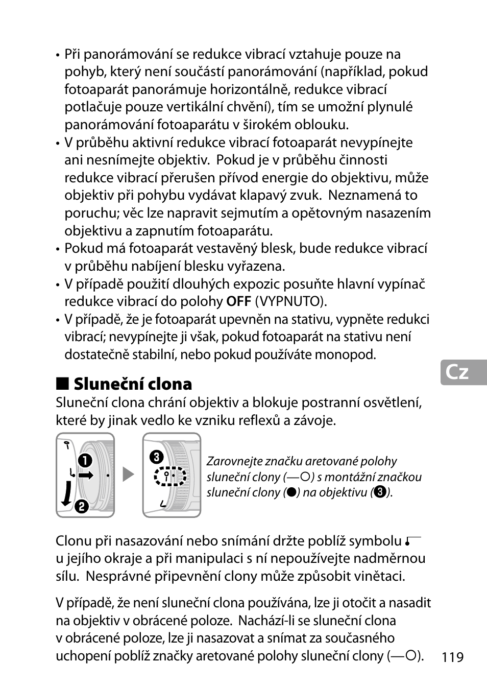Sluneční clona | Nikon 24-85mm-f-35-45G-ED-VR-AF-S-Nikkor User Manual | Page 119 / 220