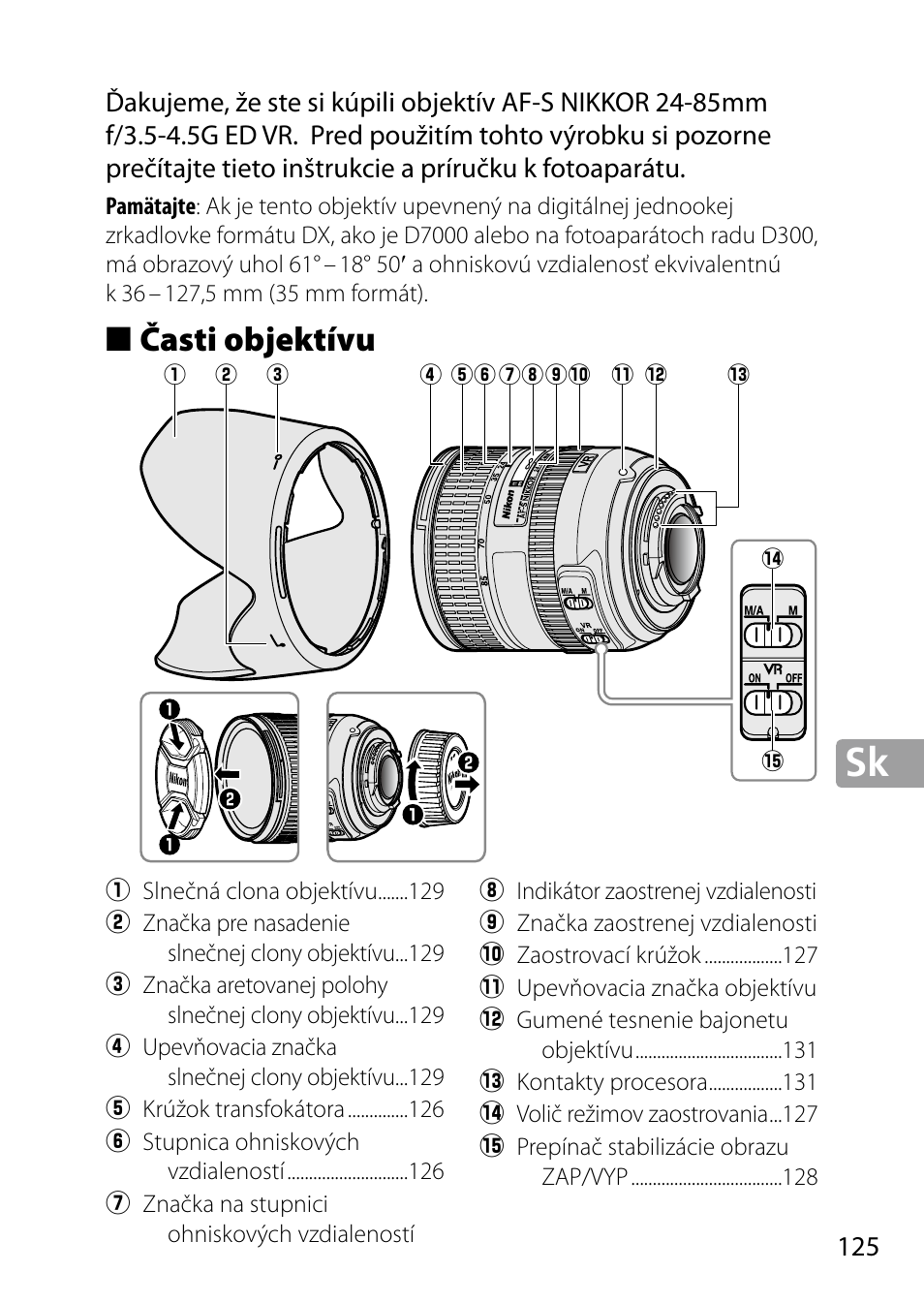 Časti objektívu | Nikon 24-85mm-f-35-45G-ED-VR-AF-S-Nikkor User Manual | Page 125 / 220