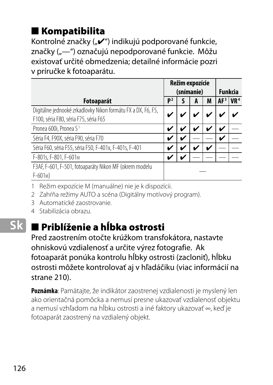 Kompatibilita, Priblíženie a hĺbka ostrosti | Nikon 24-85mm-f-35-45G-ED-VR-AF-S-Nikkor User Manual | Page 126 / 220