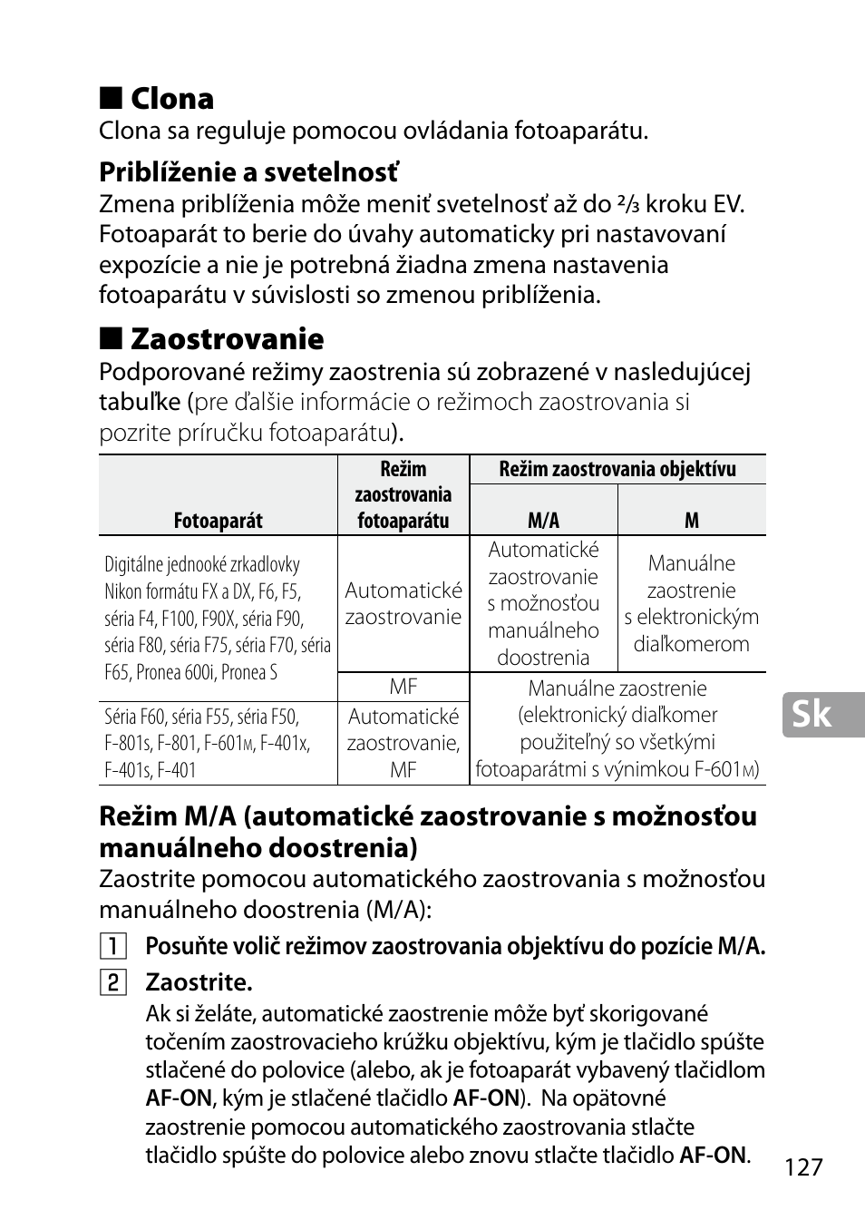 Clona, Priblíženie a svetelnosť, Zaostrovanie | Nikon 24-85mm-f-35-45G-ED-VR-AF-S-Nikkor User Manual | Page 127 / 220