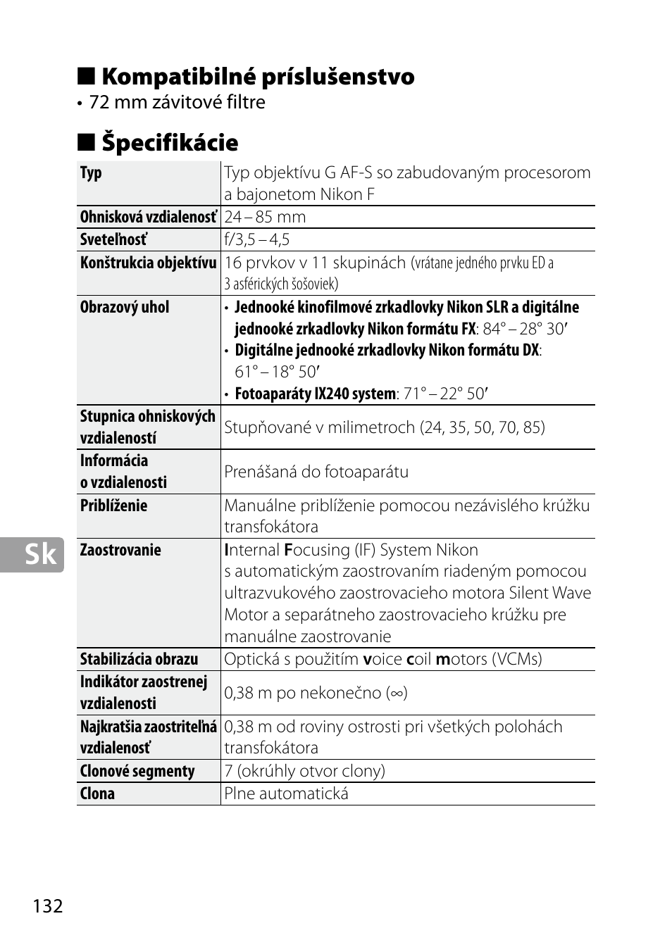 Kompatibilné príslušenstvo, Špecifikácie | Nikon 24-85mm-f-35-45G-ED-VR-AF-S-Nikkor User Manual | Page 132 / 220