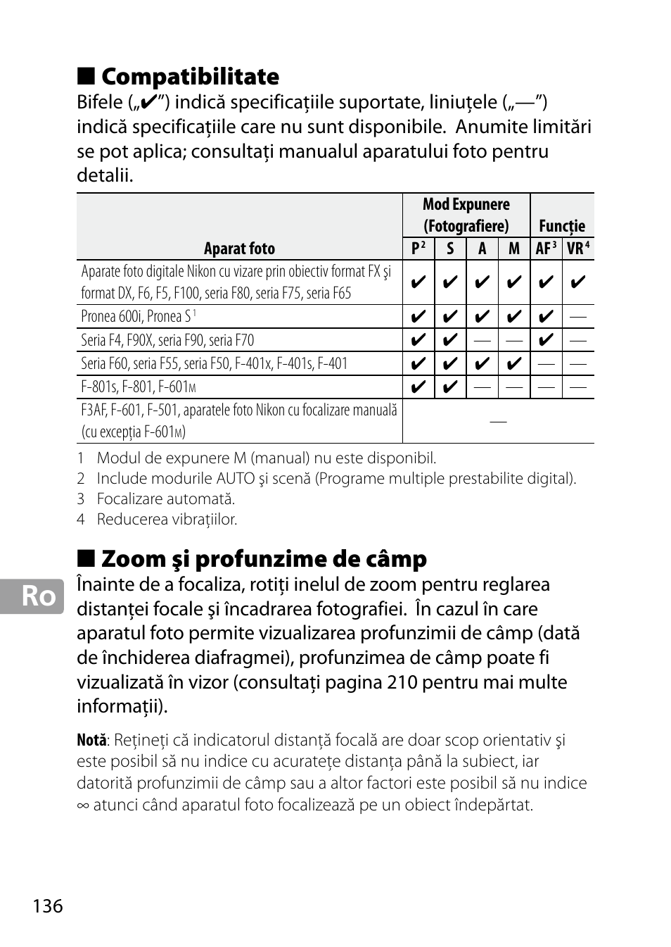 Compatibilitate, Zoom şi profunzime de câmp | Nikon 24-85mm-f-35-45G-ED-VR-AF-S-Nikkor User Manual | Page 136 / 220