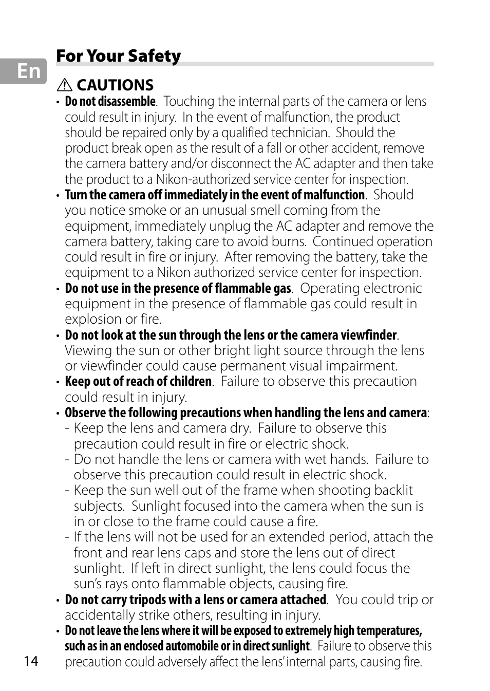 For your safety, Cautions | Nikon 24-85mm-f-35-45G-ED-VR-AF-S-Nikkor User Manual | Page 14 / 220