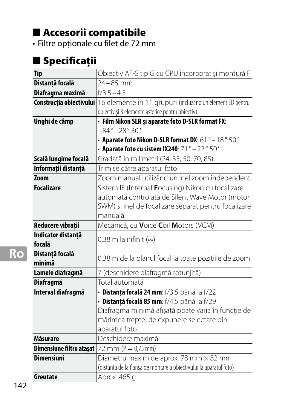 Accesorii compatibile, Specificaţii | Nikon 24-85mm-f-35-45G-ED-VR-AF-S-Nikkor User Manual | Page 142 / 220