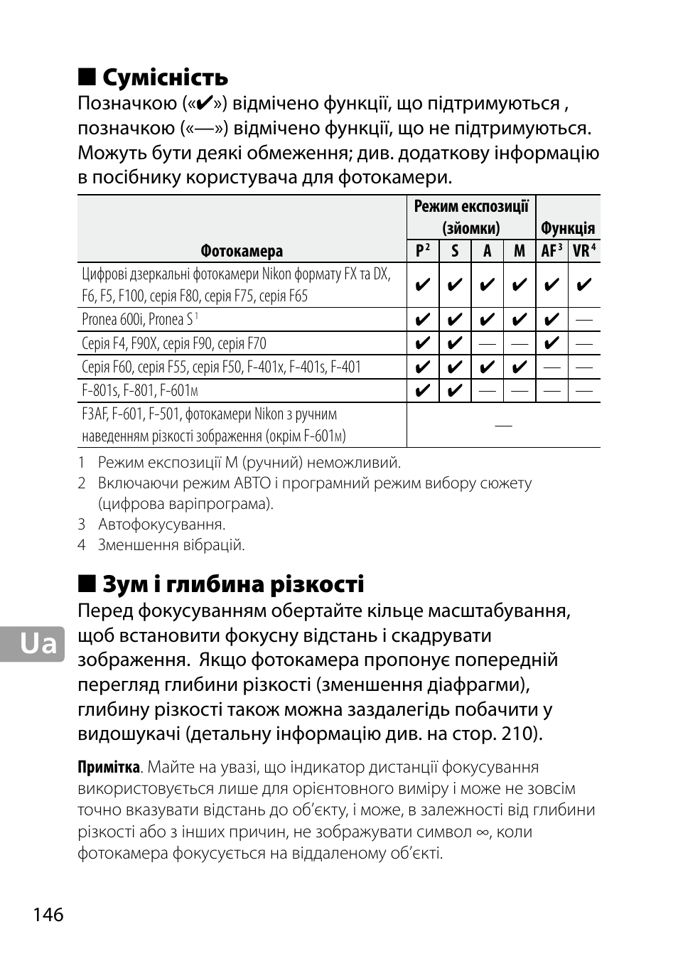 Сумісність, Зум і глибина різкості | Nikon 24-85mm-f-35-45G-ED-VR-AF-S-Nikkor User Manual | Page 146 / 220