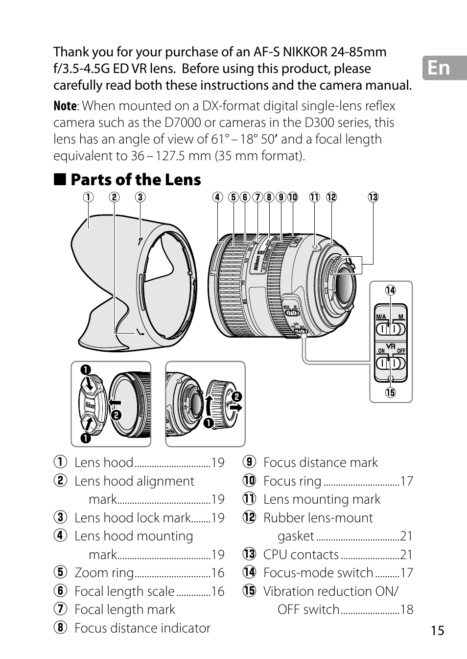 Parts of the lens | Nikon 24-85mm-f-35-45G-ED-VR-AF-S-Nikkor User Manual | Page 15 / 220