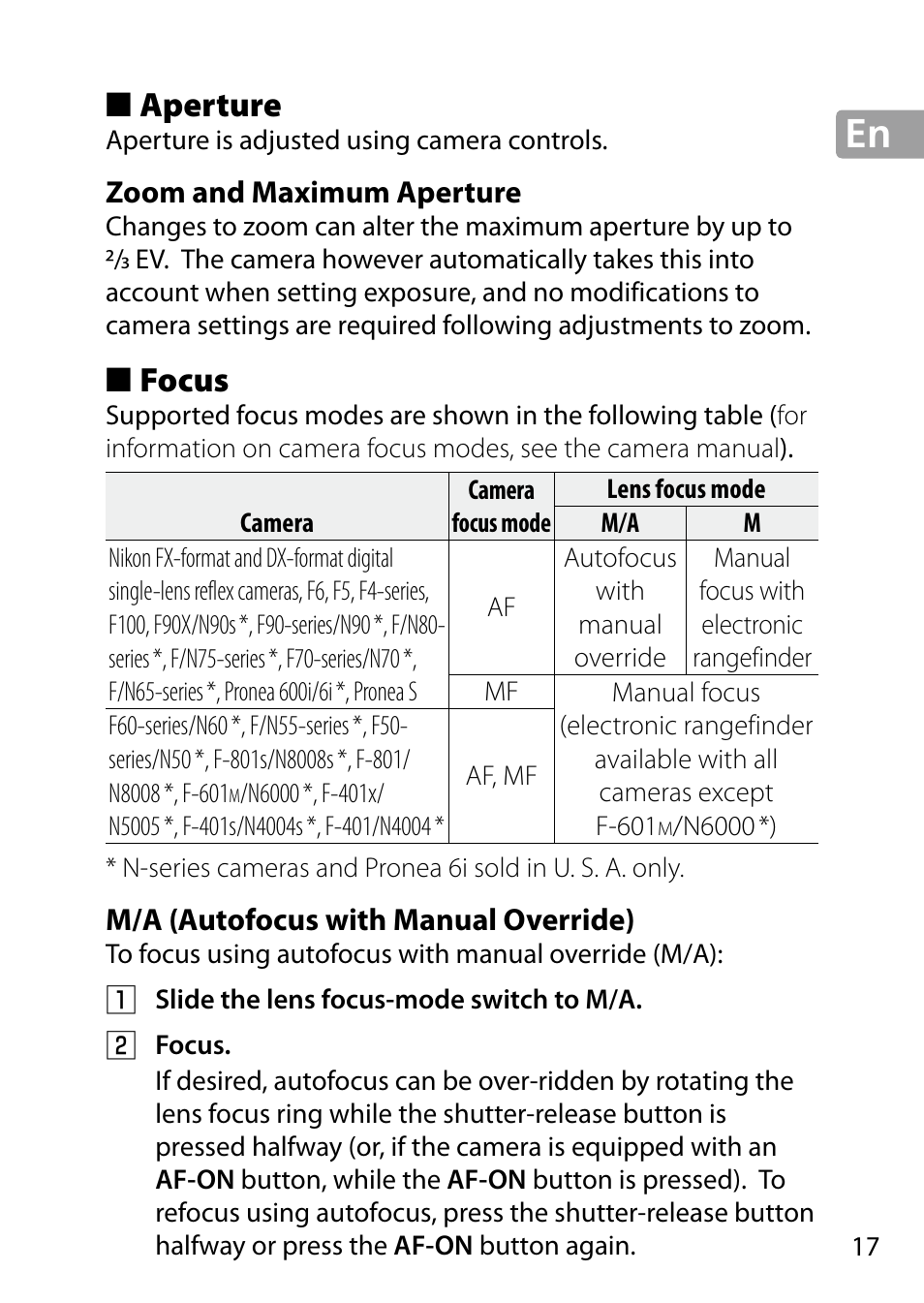 Aperture, Zoom and maximum aperture, Focus | M/a (autofocus with manual override) | Nikon 24-85mm-f-35-45G-ED-VR-AF-S-Nikkor User Manual | Page 17 / 220