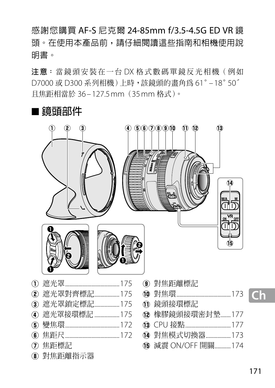 鏡頭部件, Af‑s, 2‑mm f/3.‑.g ed vr | Nikon 24-85mm-f-35-45G-ED-VR-AF-S-Nikkor User Manual | Page 171 / 220