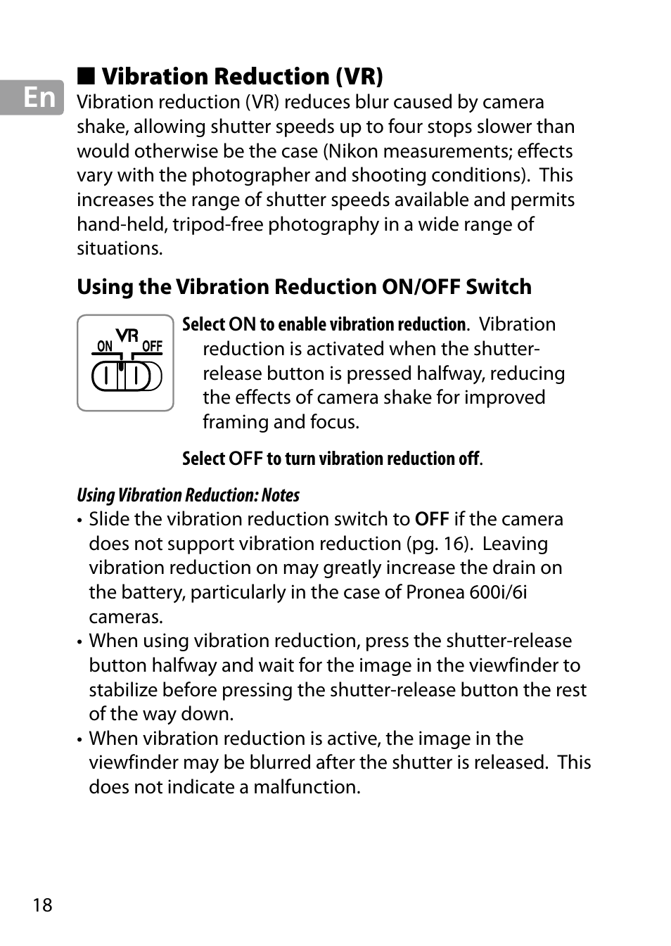 Vibration reduction (vr), Using the vibration reduction on/off switch | Nikon 24-85mm-f-35-45G-ED-VR-AF-S-Nikkor User Manual | Page 18 / 220