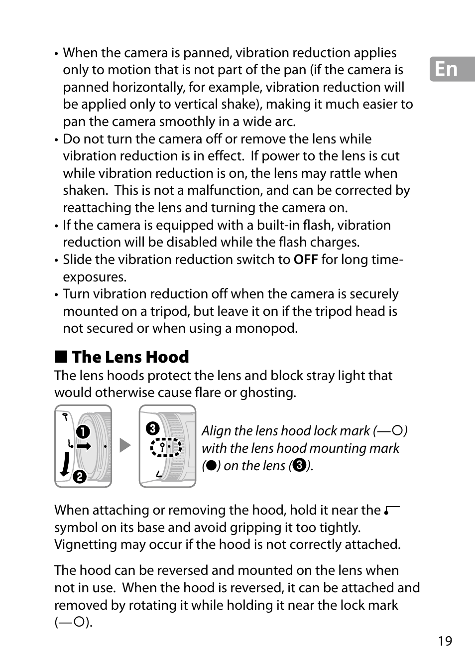 The lens hood | Nikon 24-85mm-f-35-45G-ED-VR-AF-S-Nikkor User Manual | Page 19 / 220