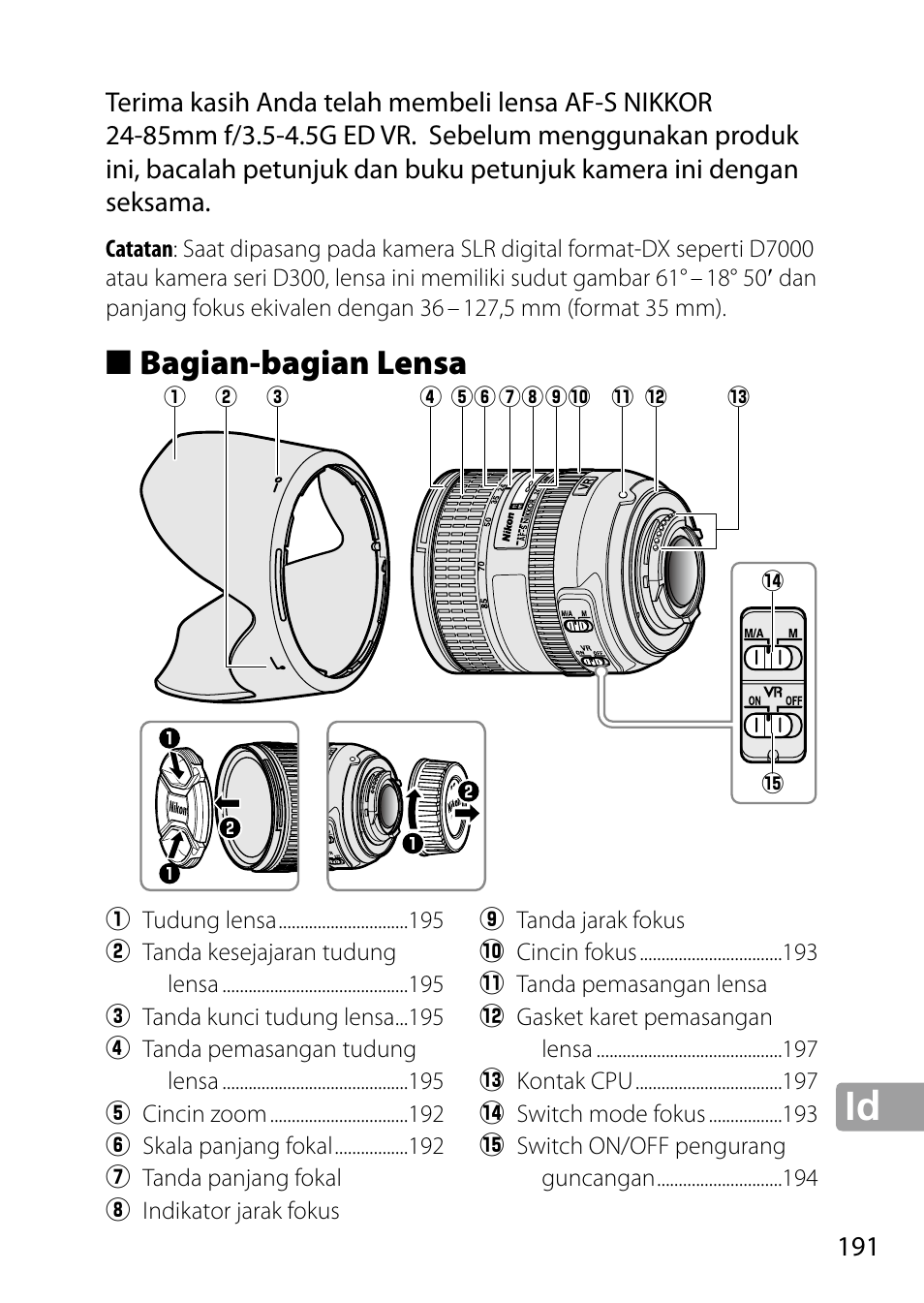 Bagian-bagian lensa | Nikon 24-85mm-f-35-45G-ED-VR-AF-S-Nikkor User Manual | Page 191 / 220