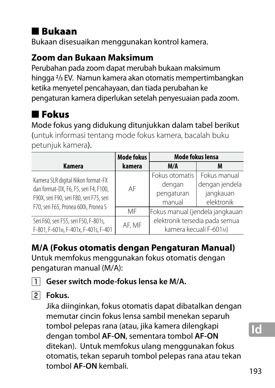 Bukaan, Zoom dan bukaan maksimum, Fokus | M/a (fokus otomatis dengan pengaturan manual) | Nikon 24-85mm-f-35-45G-ED-VR-AF-S-Nikkor User Manual | Page 193 / 220