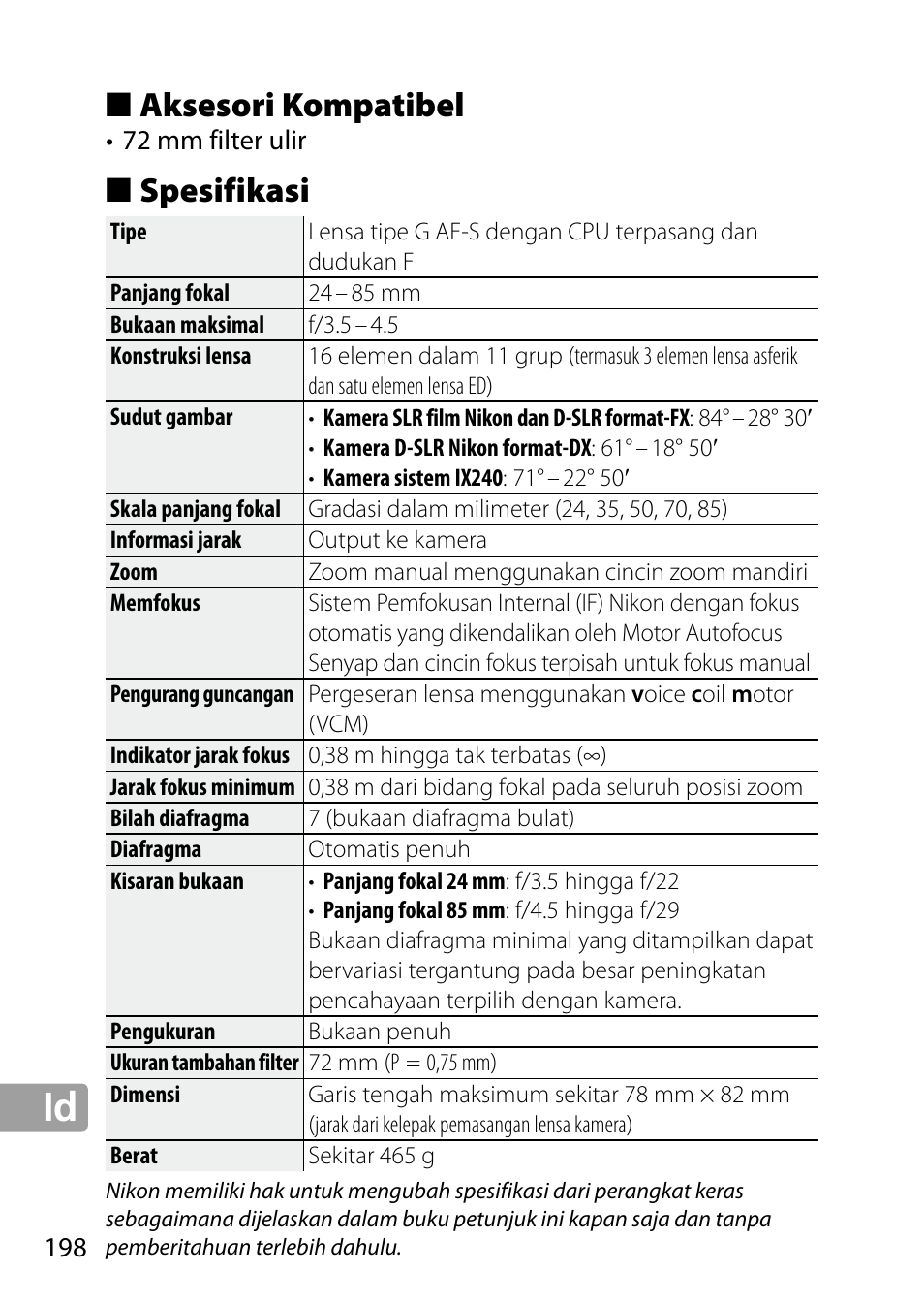 Aksesori kompatibel, Spesifikasi | Nikon 24-85mm-f-35-45G-ED-VR-AF-S-Nikkor User Manual | Page 198 / 220