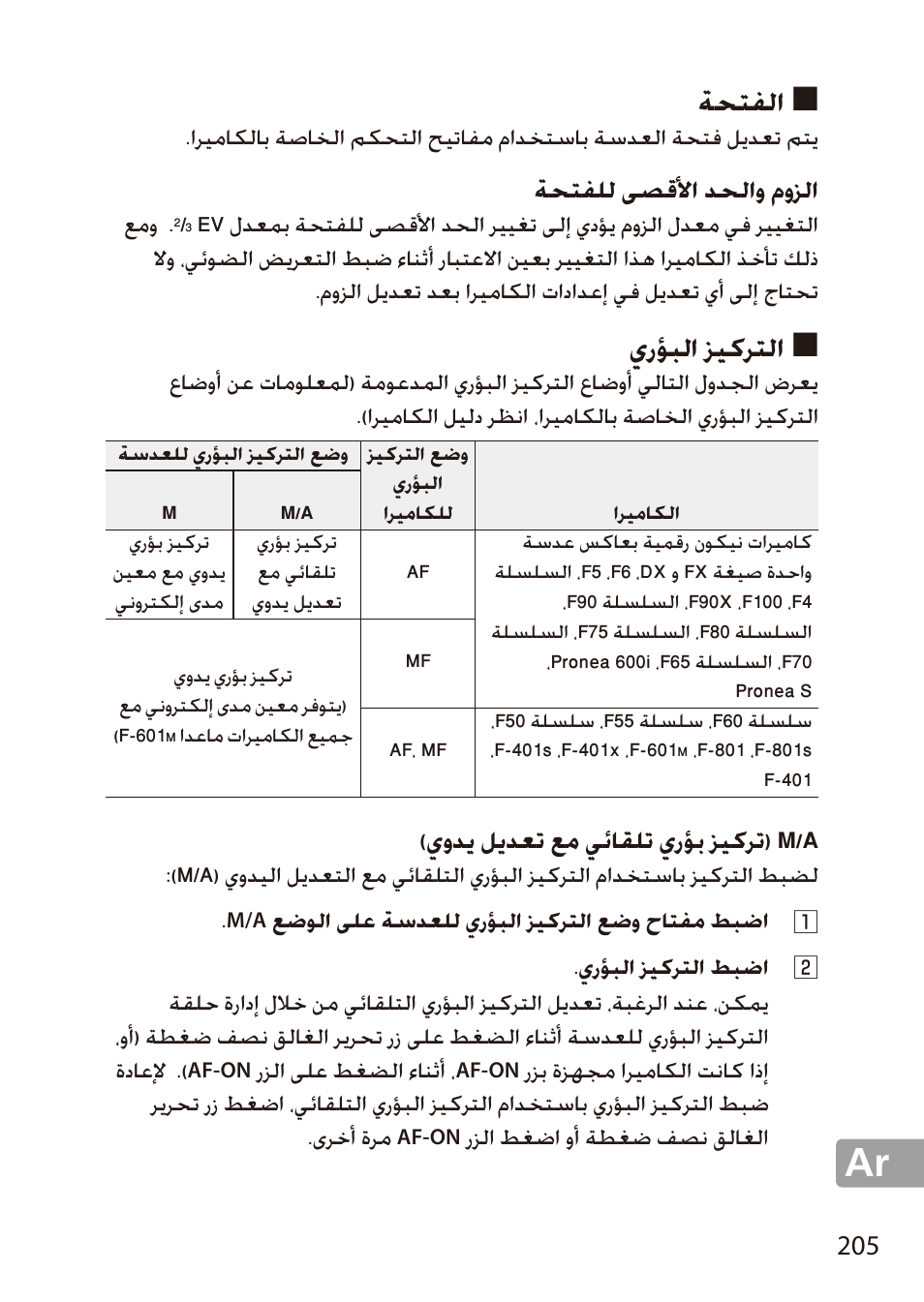 الفتحة, الزوم والحد الأقصى للفتحة, التركيز البؤري | M/a (تركيز بؤري تلقائي مع تعديل يدوي), ةحتفلا, يرؤبلا زيكرتلا, ةحتفلل ىصقلأا دحلاو موزلا, يودي ليدعت عم يئاقلت يرؤب زيكرت( m/a | Nikon 24-85mm-f-35-45G-ED-VR-AF-S-Nikkor User Manual | Page 205 / 220