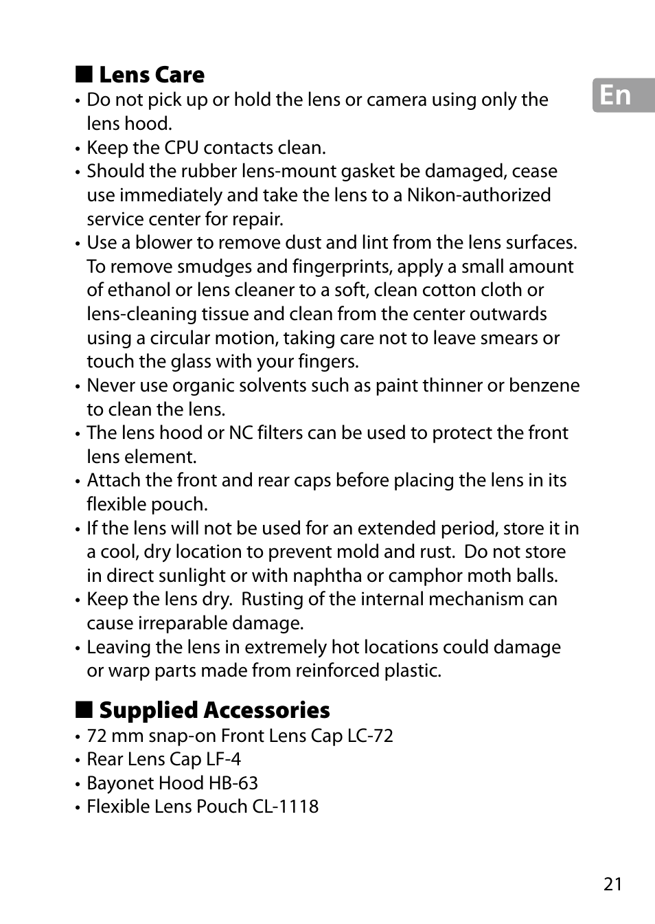 Lens care, Supplied accessories | Nikon 24-85mm-f-35-45G-ED-VR-AF-S-Nikkor User Manual | Page 21 / 220