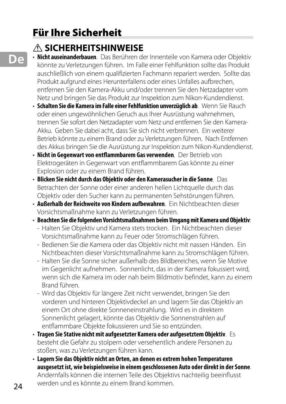 Für ihre sicherheit, Sicherheitshinweise, 2 de_01 | Nikon 24-85mm-f-35-45G-ED-VR-AF-S-Nikkor User Manual | Page 24 / 220