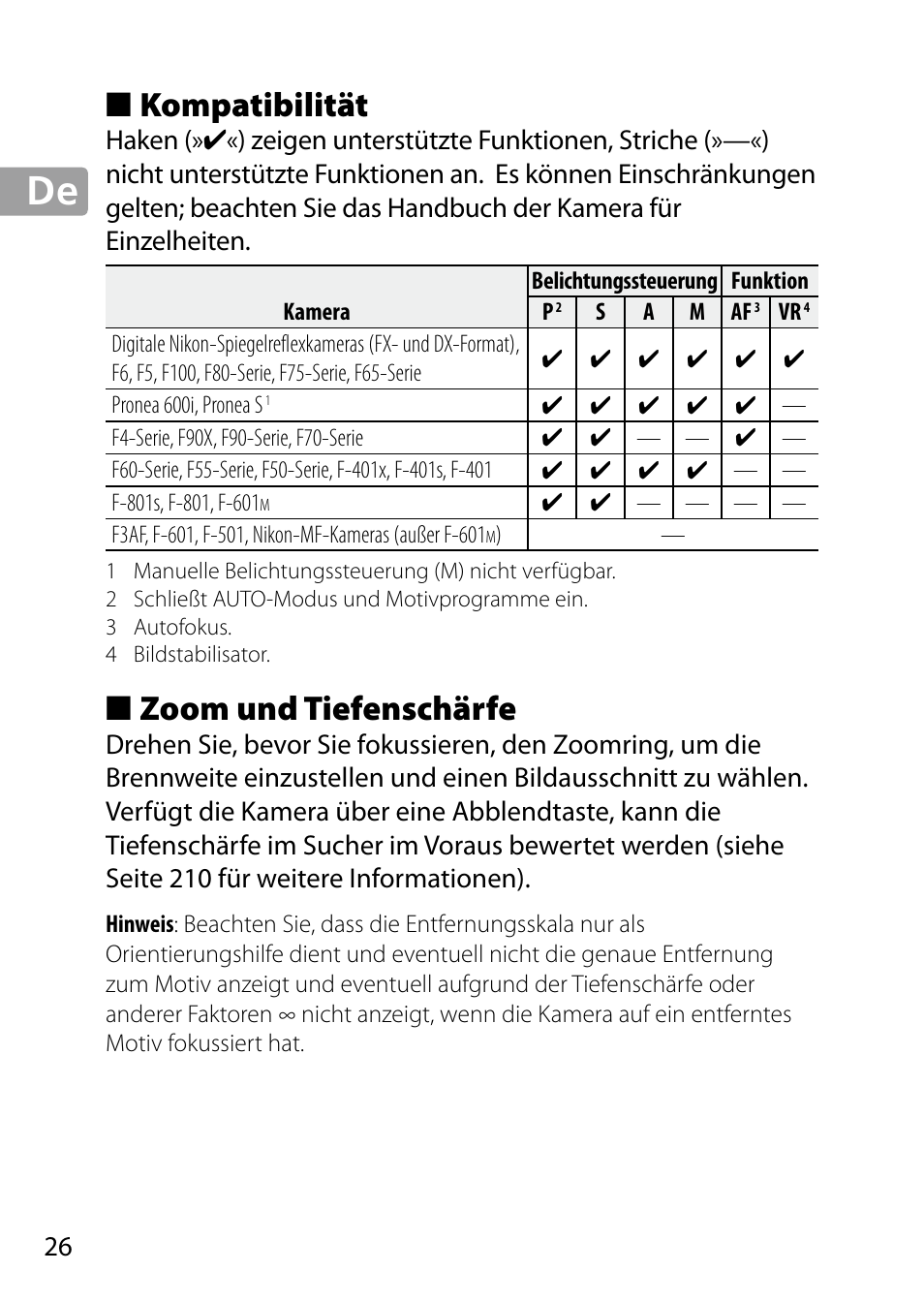 Kompatibilität, Zoom und tiefenschärfe | Nikon 24-85mm-f-35-45G-ED-VR-AF-S-Nikkor User Manual | Page 26 / 220