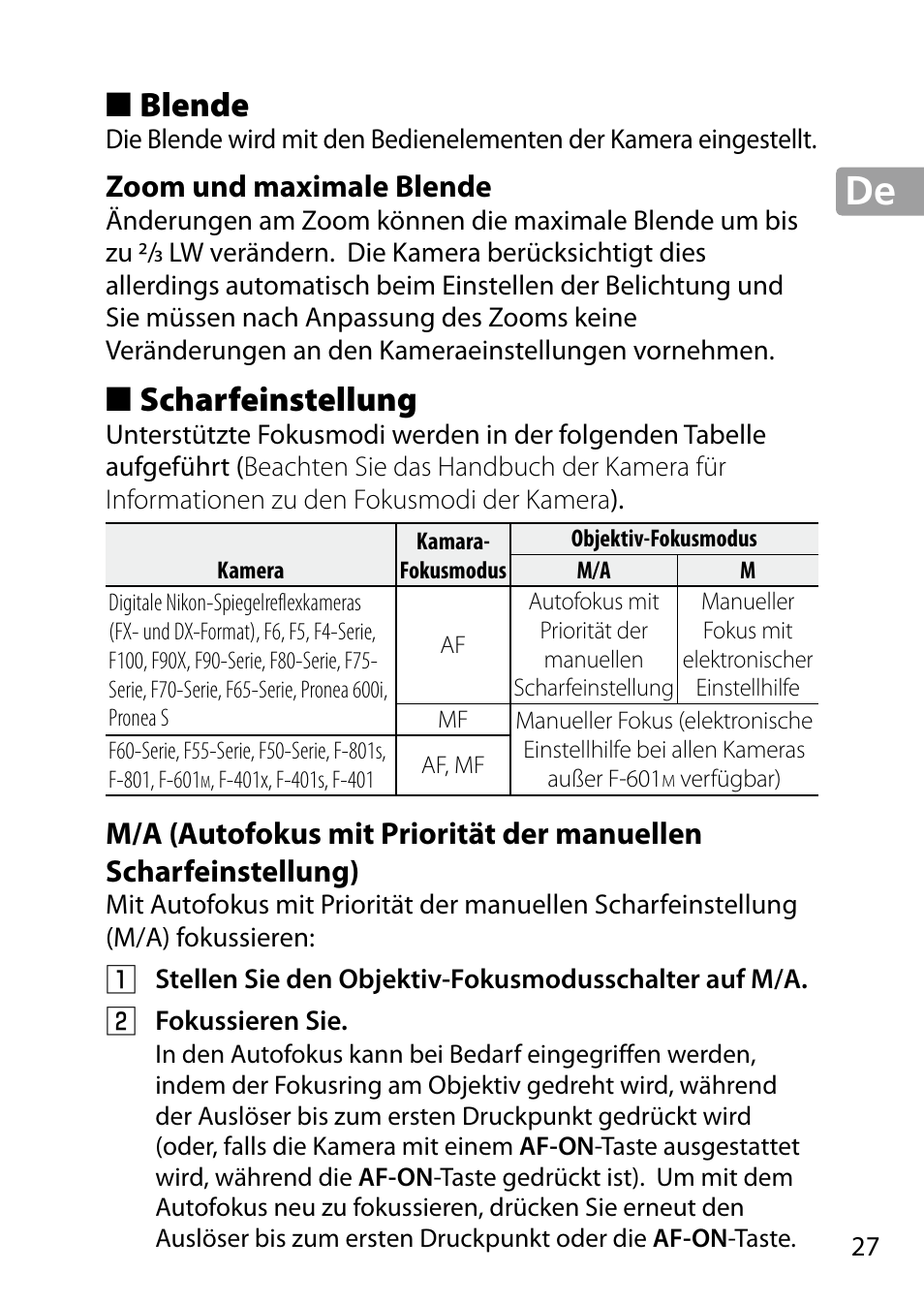 Blende, Zoom und maximale blende, Scharfeinstellung | Nikon 24-85mm-f-35-45G-ED-VR-AF-S-Nikkor User Manual | Page 27 / 220