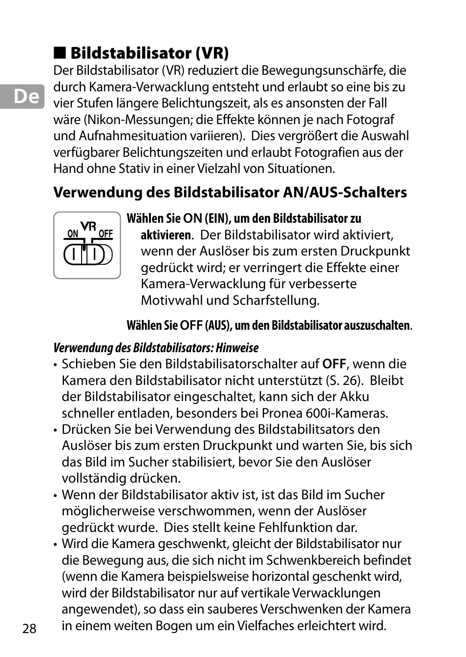 Bildstabilisator (vr), Verwendung des bildstabilisator an/aus-schalters | Nikon 24-85mm-f-35-45G-ED-VR-AF-S-Nikkor User Manual | Page 28 / 220