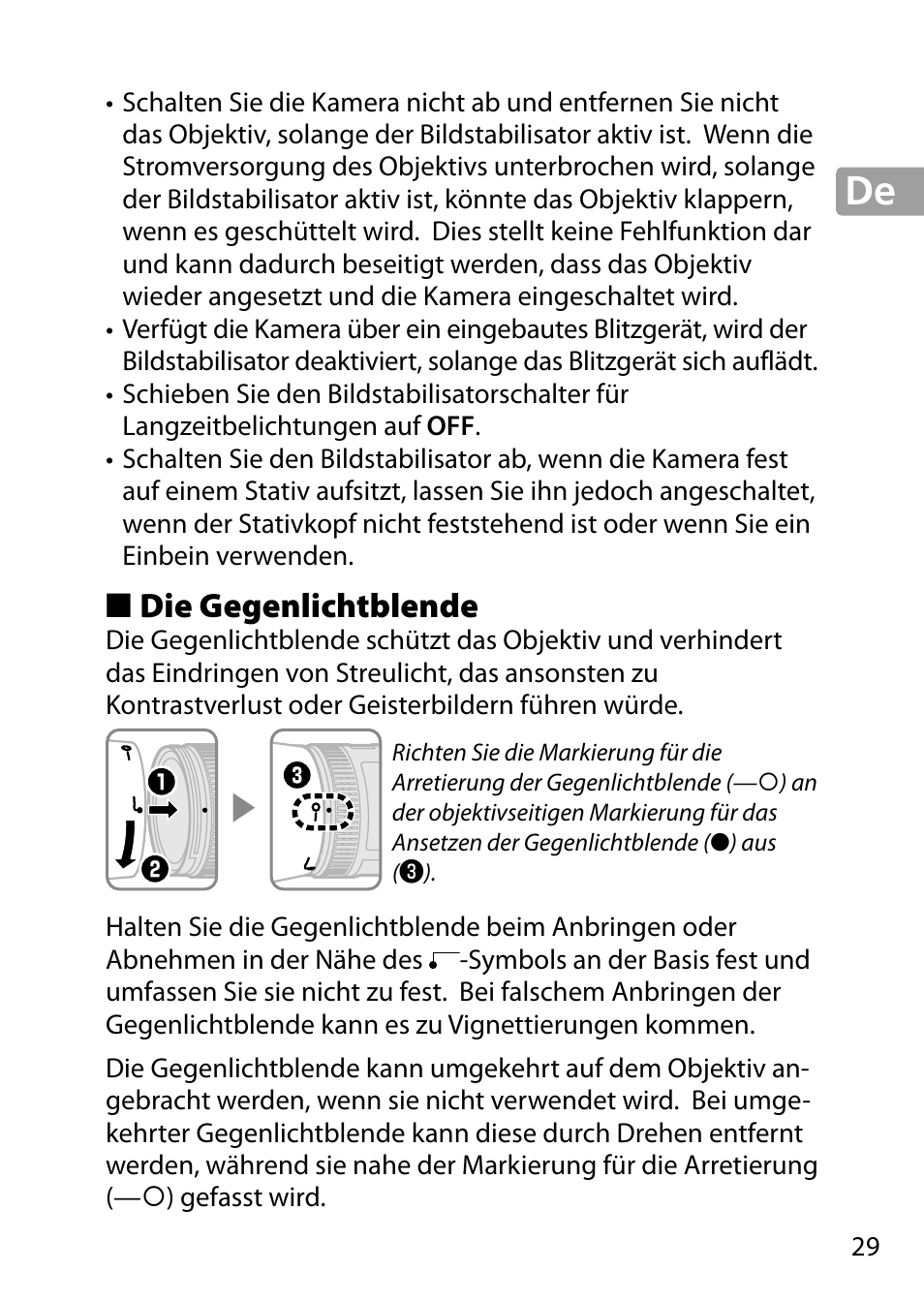 Die gegenlichtblende | Nikon 24-85mm-f-35-45G-ED-VR-AF-S-Nikkor User Manual | Page 29 / 220