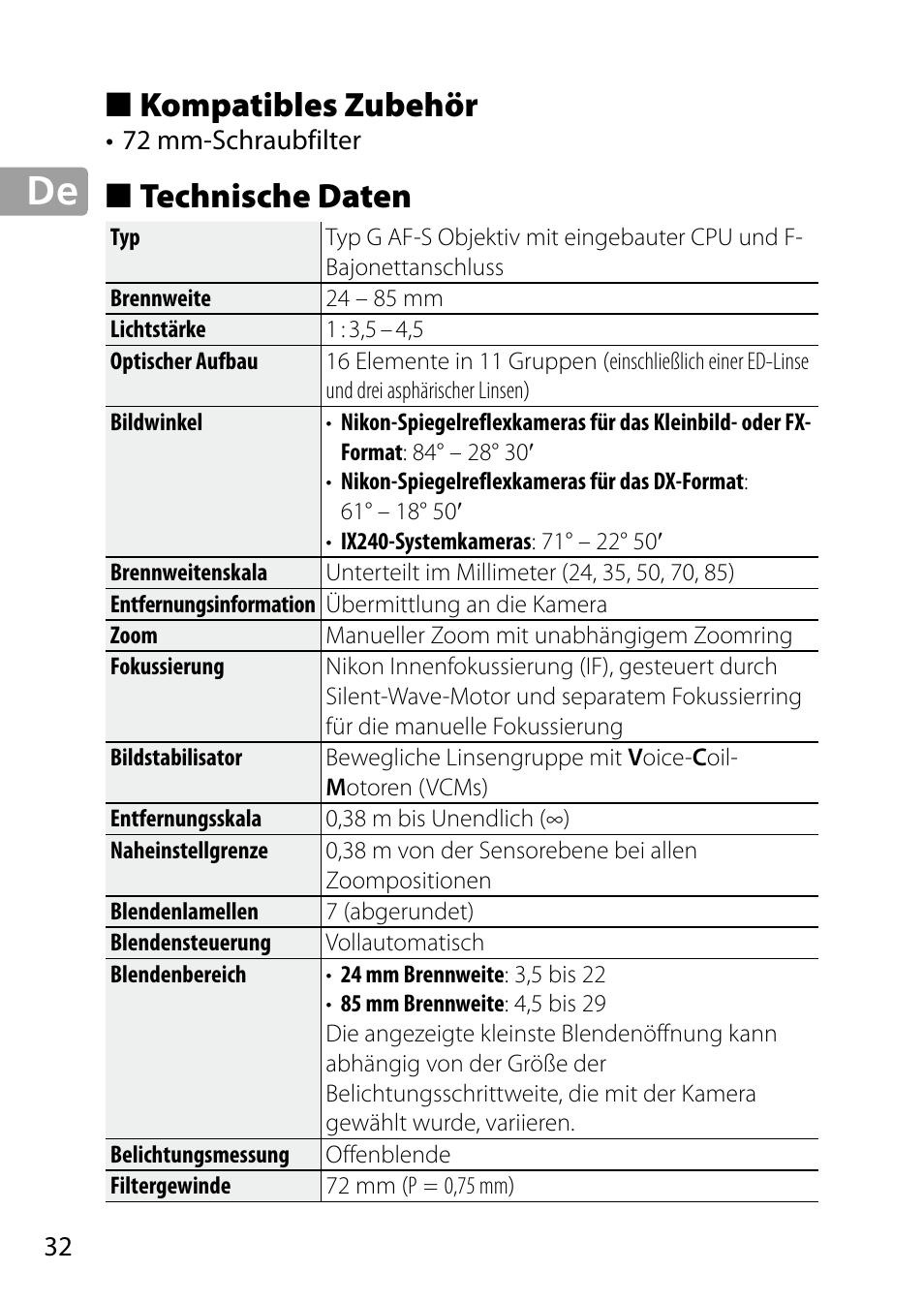 Kompatibles zubehör, Technische daten | Nikon 24-85mm-f-35-45G-ED-VR-AF-S-Nikkor User Manual | Page 32 / 220