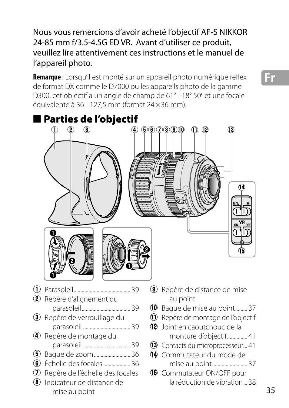 Parties de l’objectif | Nikon 24-85mm-f-35-45G-ED-VR-AF-S-Nikkor User Manual | Page 35 / 220