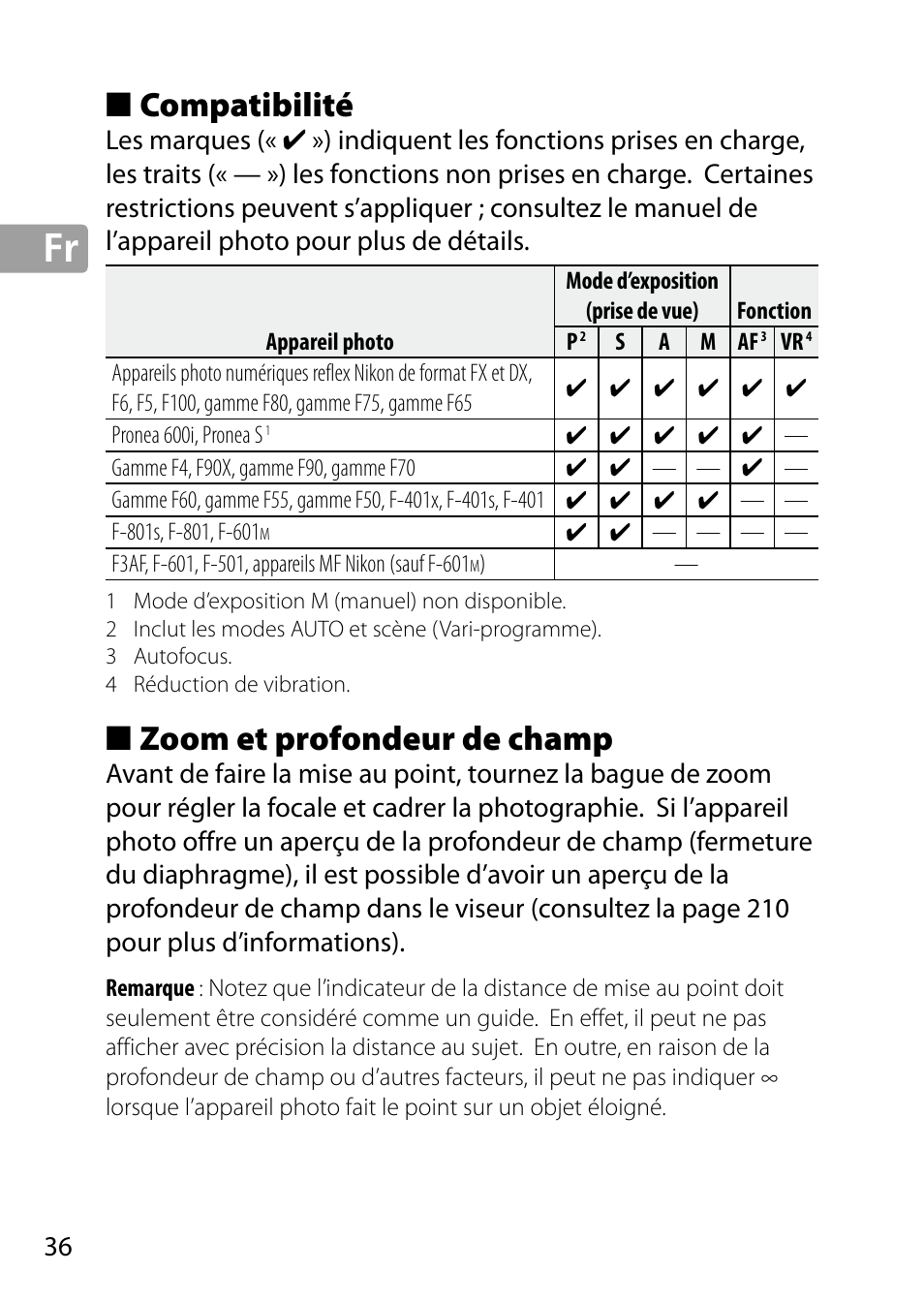 Compatibilité, Zoom et profondeur de champ | Nikon 24-85mm-f-35-45G-ED-VR-AF-S-Nikkor User Manual | Page 36 / 220