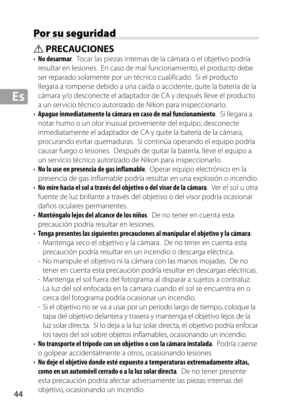 Por su seguridad, Precauciones | Nikon 24-85mm-f-35-45G-ED-VR-AF-S-Nikkor User Manual | Page 44 / 220