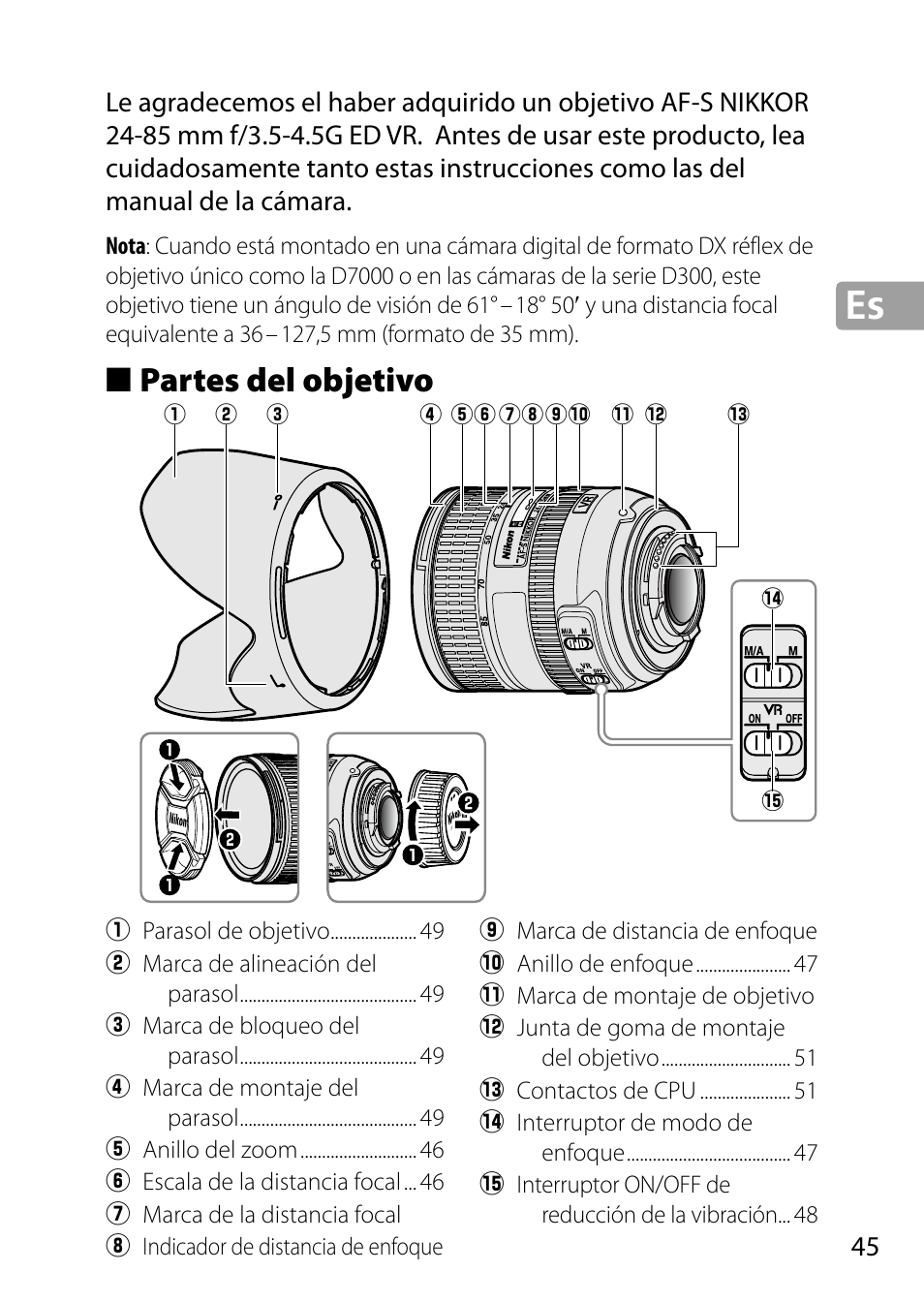 Partes del objetivo | Nikon 24-85mm-f-35-45G-ED-VR-AF-S-Nikkor User Manual | Page 45 / 220