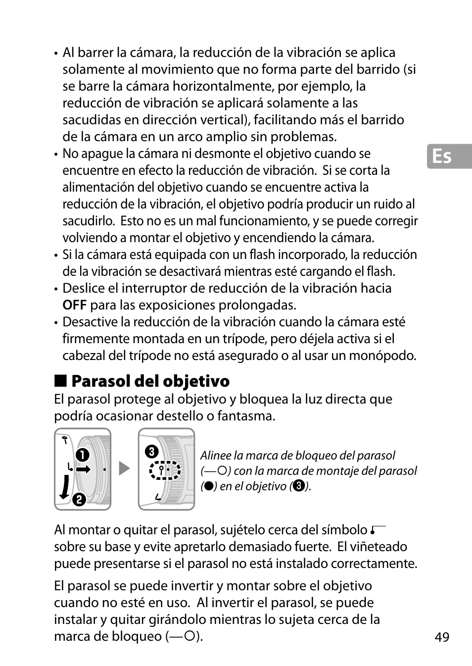 Parasol del objetivo | Nikon 24-85mm-f-35-45G-ED-VR-AF-S-Nikkor User Manual | Page 49 / 220