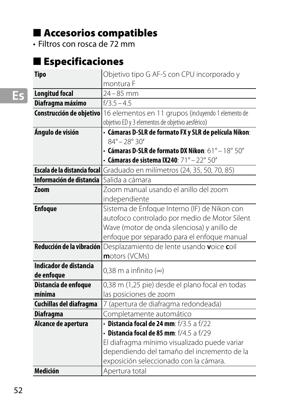 Accesorios compatibles, Especificaciones | Nikon 24-85mm-f-35-45G-ED-VR-AF-S-Nikkor User Manual | Page 52 / 220