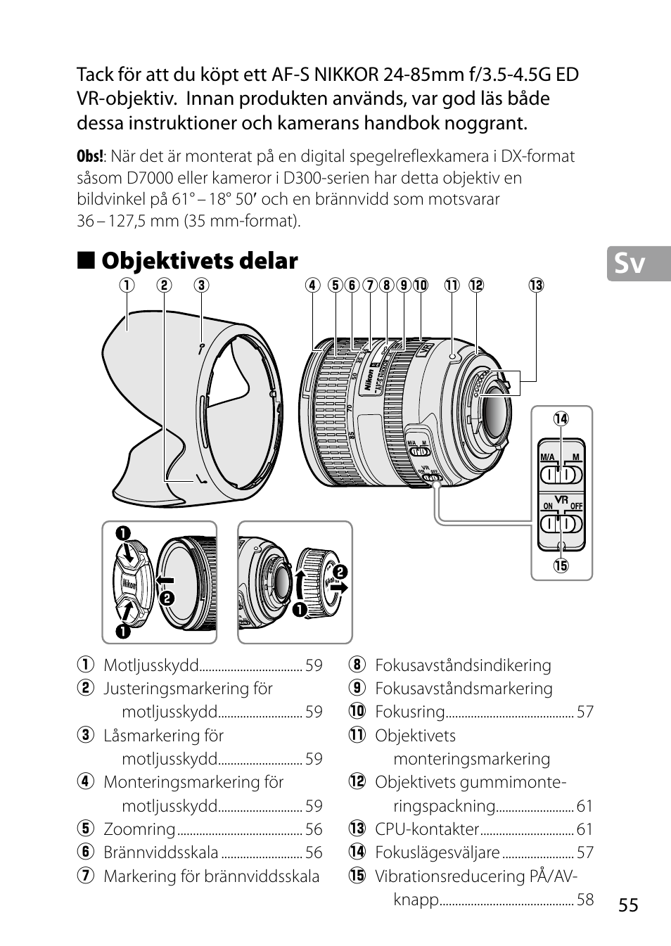 Objektivets delar | Nikon 24-85mm-f-35-45G-ED-VR-AF-S-Nikkor User Manual | Page 55 / 220