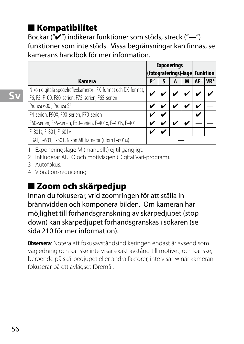 Kompatibilitet, Zoom och skärpedjup | Nikon 24-85mm-f-35-45G-ED-VR-AF-S-Nikkor User Manual | Page 56 / 220