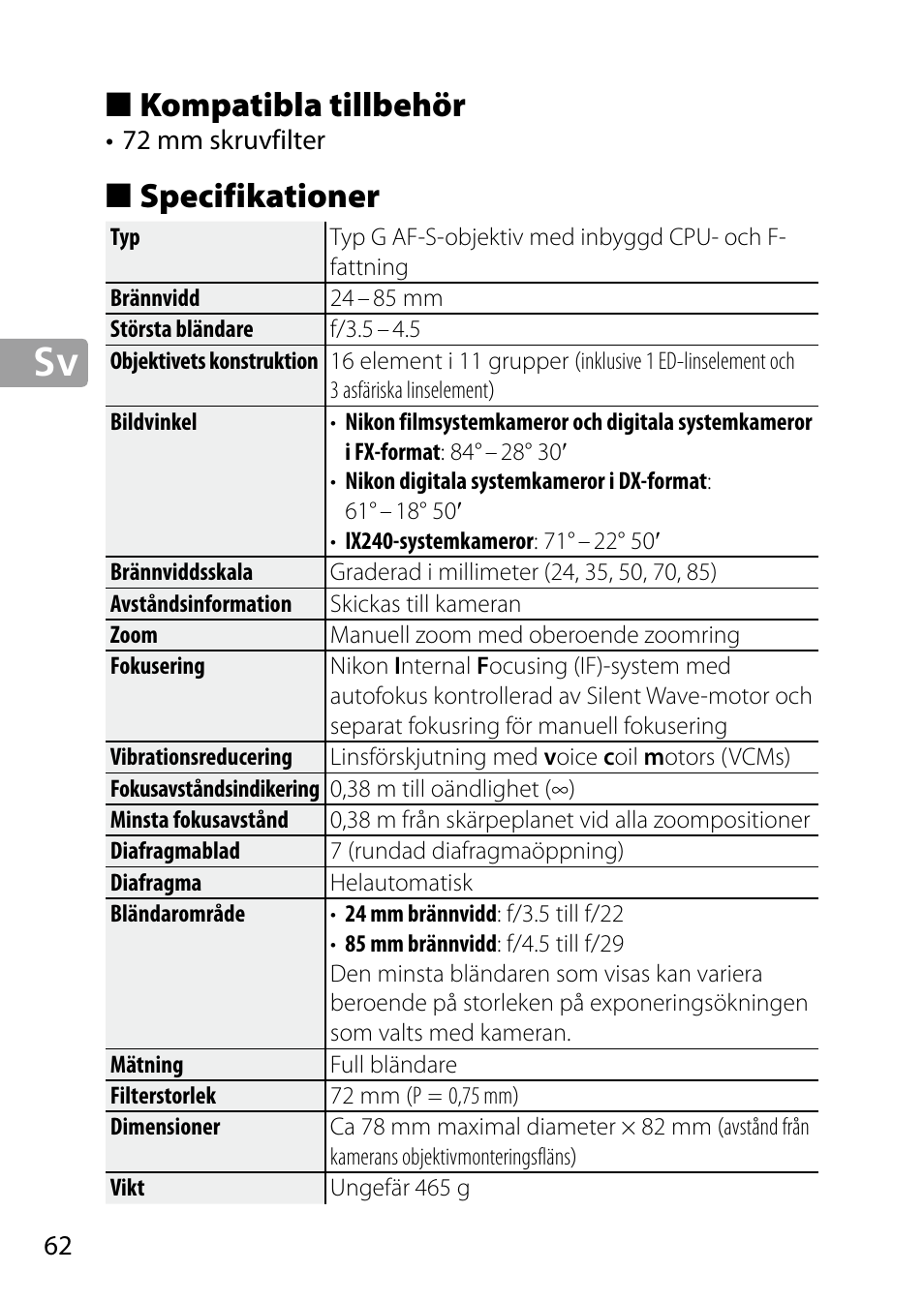 Kompatibla tillbehör, Specifikationer | Nikon 24-85mm-f-35-45G-ED-VR-AF-S-Nikkor User Manual | Page 62 / 220