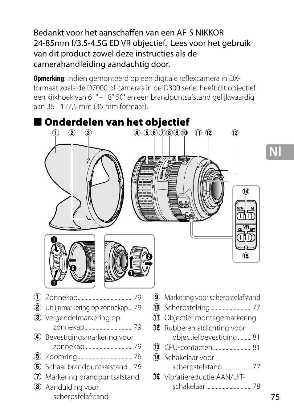 Onderdelen van het objectief | Nikon 24-85mm-f-35-45G-ED-VR-AF-S-Nikkor User Manual | Page 75 / 220