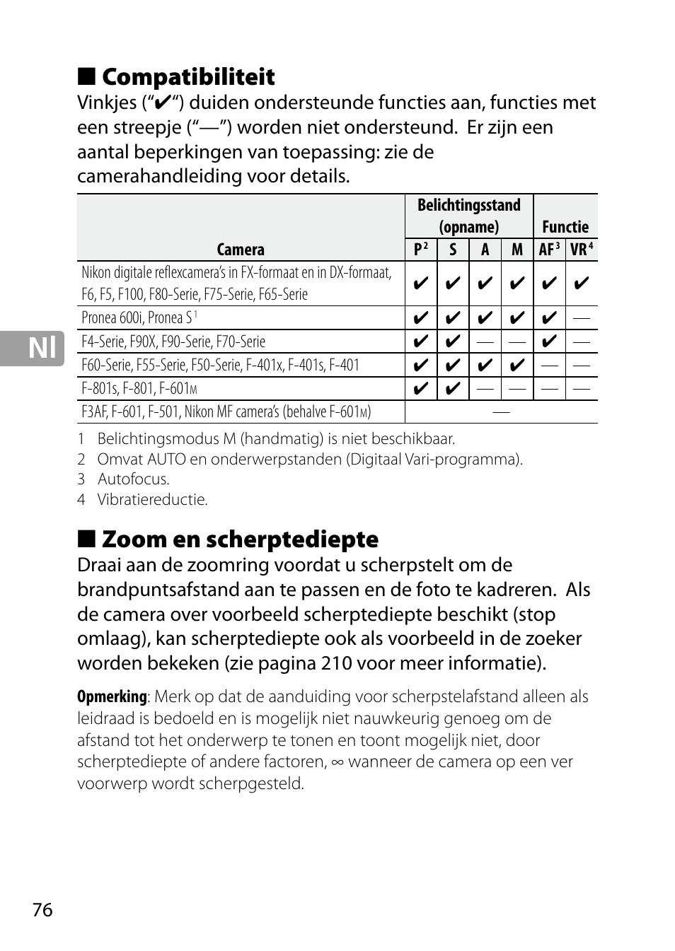 Compatibiliteit, Zoom en scherptediepte | Nikon 24-85mm-f-35-45G-ED-VR-AF-S-Nikkor User Manual | Page 76 / 220