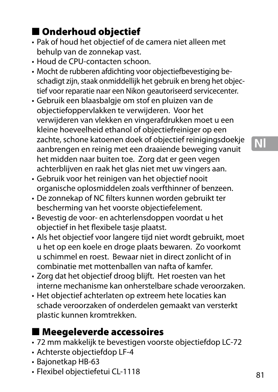 Onderhoud objectief, Meegeleverde accessoires | Nikon 24-85mm-f-35-45G-ED-VR-AF-S-Nikkor User Manual | Page 81 / 220