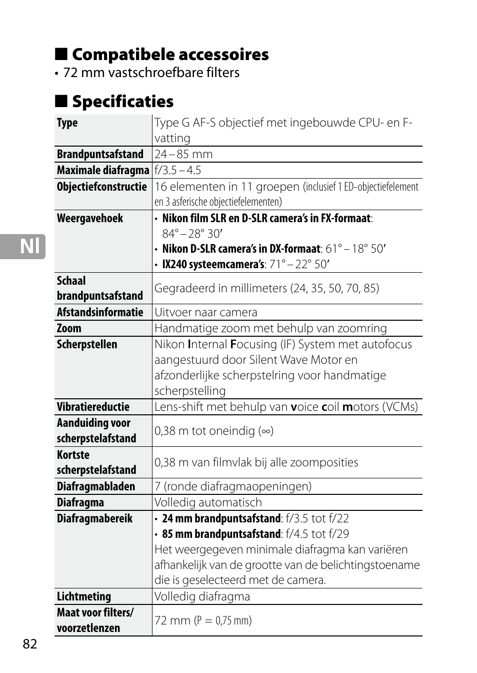 Compatibele accessoires, Specificaties | Nikon 24-85mm-f-35-45G-ED-VR-AF-S-Nikkor User Manual | Page 82 / 220