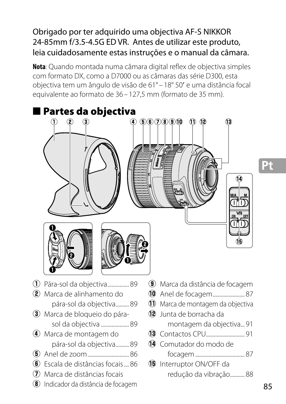 Partes da objectiva | Nikon 24-85mm-f-35-45G-ED-VR-AF-S-Nikkor User Manual | Page 85 / 220